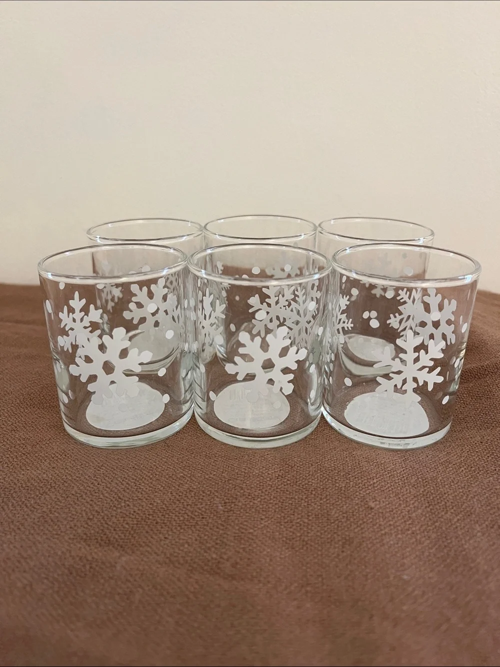Set of 6 Snowflake Holiday Votives - Clear with White Snowflake Design